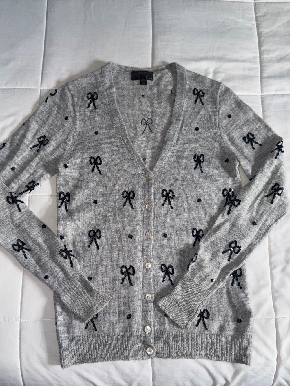 J Crew Gray V-Neck Cardigan with Black Sequin Bows- Medium